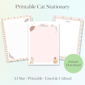 Printable Cat Stationery Paper Set | A4 Lined & Unlined Writing Pages | Cute Letter Set for Notes or Journaling PDF | 3 Designs