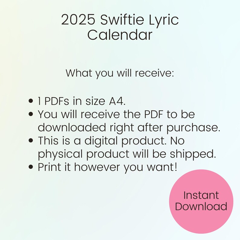 2025 Printable Swiftie Lyrics Calendar Taylor Swift Inspired Eras A4