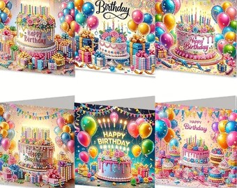 6 Cards Birthday Cake Diamond Painting Greeting Card kit Set includes envelopes DIY Rhinestones & Tools Art gifts Kits Crafts Cakes Party