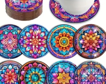 8pcs Mandala Diamond art  Coaster Kit with Wire Base Holder Set DIY Painting Rhinestones Holiday Gifts Drink Coasters Kits Flowers Mandalas