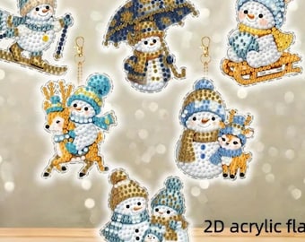 6 pcs Snowman Diamond art Christmas Ornament Kit Keychains Set DIY Painting Rhinestones Key Chains Holiday Crafts Gifts Ornaments Snowmen