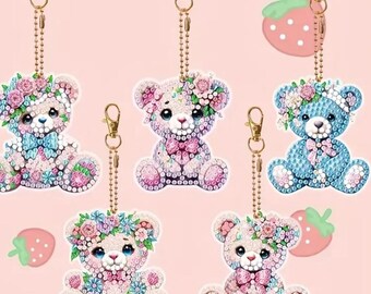 5 pcs Teddy Bear Diamond art  Kit Keychain Set DIY Painting Rhinestones Key Chains Crafts Gifts Ornaments Kits Kids Flowers Floral Bears