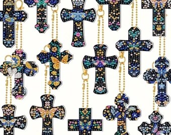 15 piece Cross Diamond art Kit Keychain DIY Painting Rhinestones Key Chains Crafts Gifts Ornaments Kids Kits Crosses Butterflies Butterfly