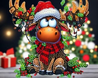 Christmas Funny Moose Design DIY Diamond Painting Kit Set Hanging Rhinestones & tools chain Holiday Decor Art Decorations Gifts Lights Holly