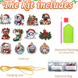 May include: A diamond painting kit featuring 12 Christmas-themed designs including animals, ornaments, and a stocking. The set includes a pink applicator pen, a green tray, a square of wax, a bundle of gold hanging line, and bags of colorful diamonds.
