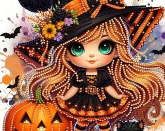 Halloween Witch Diamond art Painting Kit Set Canvas 11.8 X 11.8 DIY Painting Rhinestones & Tools Crafts Gifts kits Girls Pumpkins Witch Cat