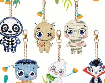6 pc Halloween Diamond art Ornament Kit Keychains Set DIY Painting Rhinestones Key Chains Kids Crafts Gifts Ornaments Monsters Ghost Dracula