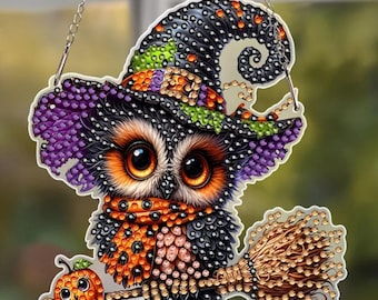 Halloween Witch Owl Diamond Painting Kit Set Hanging Rhinestones tools chain Fall Decor Art DIY Decorations Gifts Owls Birds Sun Catcher
