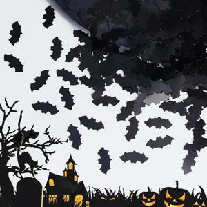 May include: Black bat-shaped confetti scattered on a white background. A silhouette of a haunted house, pumpkins, and a tree with a cat are in the foreground. The image evokes a Halloween theme.