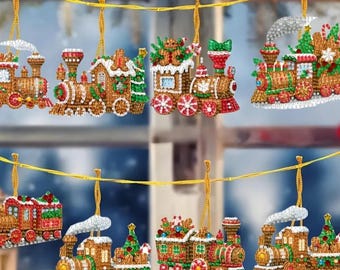 8 pc Christmas Train Diamond art Ornament Kit Hanging Set DIY Painting Rhinestones Holiday Crafts Gifts Ornaments Trains Locomotive Caboose