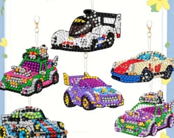 6 piece Race Cars Diamond art Kit Keychain DIY Painting Rhinestones Key Chains Crafts Gifts Ornaments Kids Boys Kits Racing Sports Car