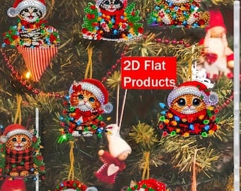 4 pcs Diamond art Christmas Ornaments Kit Keychain Set Cats Pets DIY Painting Rhinestones Key Chains Holiday Crafts Gifts Kitties Cat