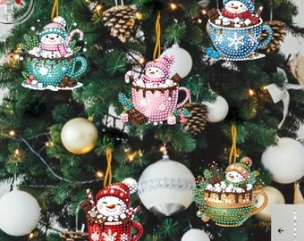 5 pc Snowmen in Mugs Diamond art Christmas Ornament Kit Keychains Set DIY Painting Rhinestones Key Chains Kits Crafts Gift Ornaments Snowman
