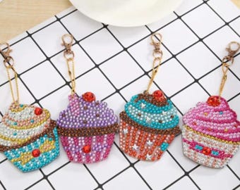 4 pc Cupcake Diamond art Ornament Kit Keychains Set DIY Painting Rhinestones Key Chains Kids Crafts Gifts Ornaments Cupcakes Birthday Cake