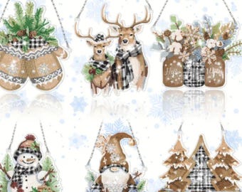 6pc Winter / Christmas DIY Diamond Art Painting Kit Hanging Rhinestones & tools chain Holiday Decor Decorations Snowmen Trees Gnome Reindeer