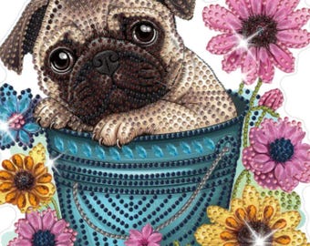 Pug in a Tub Diamond Painting Kit Set Hanging Rhinestones tools chain Decor Art DIY Kits Decor Gifts Sun Catcher Puppies Dog Pugs Dogs Pets