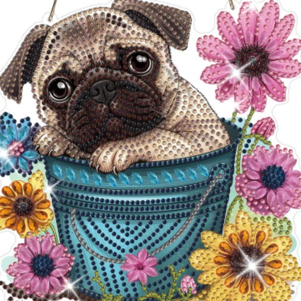Pug in a Tub Diamond Painting Kit Set Hanging Rhinestones tools chain Decor Art DIY Kits Decor Gifts Sun Catcher Puppies Dog Pugs Dogs Pets