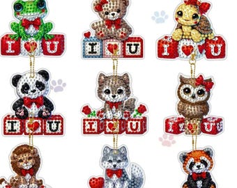 9 pcs Animal I Love You Diamond art Ornaments Kit Keychains Set DIY Painting Rhinestones Key Chains Kids Crafts Gifts Animals Fox Owls Panda