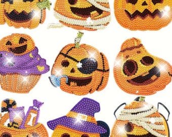 8pc Pumpkin Jackolantern Diamond Coaster Kit with Wire Base Holder Set DIY Painting Rhinestones Gifts Kits Drink Coasters Halloween Pumpkins