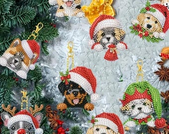 Diamond art Dog Christmas Ornament Kit Keychain Set Dogs Pets DIY Painting Rhinestones Key Chains Holiday Crafts Gifts Ornaments Puppies Pet