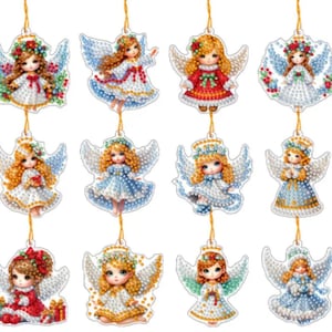 May include: A collection of twelve angel ornaments with various dresses and hairstyles. Each angel has white wings and is adorned with decorative details. The ornaments are suspended by gold strings, perfect for holiday decorating.