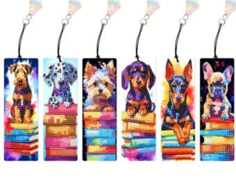 6pc Dog Bookmarks Diamond art Kit Set Cats Pets DIY Painting Rhinestones Crafts Gifts kits kids Bookmark Book Mark Dogs Puppies Yorkie Pug