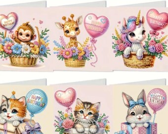 6 Cards Birthday Cat Unicorn DIY Diamond Painting Greeting Card kit Set includes envelopes Rhinestones Tools Art Kits Monkey Bunny Giraffe
