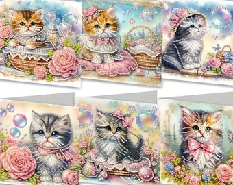 6 Cards Cat DIY Diamond Painting Greeting Card kit Set includes envelopes Rhinestones Tools Art gift Birthday Thank you Cats Kittens Kitties