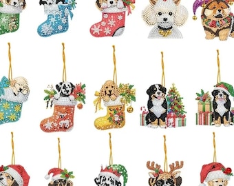 15 pcs Dog Diamond art Christmas Ornament Kit Keychain Set DIY Painting Rhinestones Key Chains Holiday Crafts Gifts Ornaments Puppies Dogs