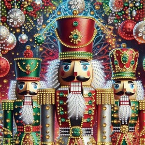 May include: Three nutcracker figures featuring red, green, and gold uniforms with intricate beadwork and gem accents. The central figure wears a tall red hat, while the flanking figures wear green and red crowns, all set against a festive background.