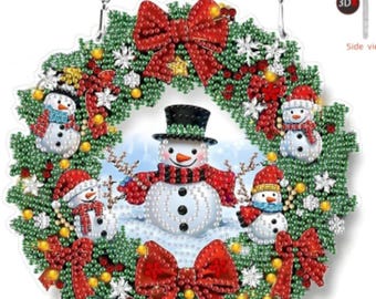Christmas Snowman Wreath DIY Diamond Art Painting Kit Hanging Rhinestones & tools chain Holiday Decor Decorations Bows Poinsettia Snowmen