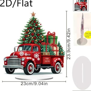 May include: A red Christmas truck decoration with a Christmas tree and gifts in the back. The truck is 9.04 inches long and 9.42 inches tall. The text "MERRY CHRISTMAS" is visible on the truck.