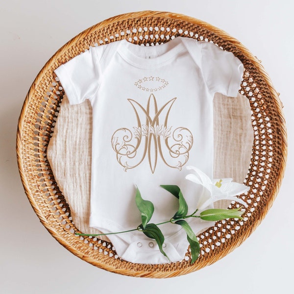 Auspice Maria Baby Bodysuit (3-24 months) | Catholic Baby Gift, Baptism Outfit