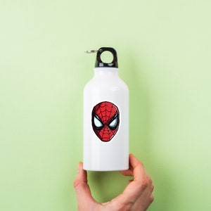 May include: White water bottle with a black lid and a red and black Spider-Man face sticker.