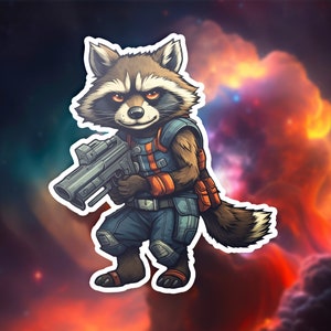 May include: A cartoon illustration of a raccoon wearing a space suit and holding a gun. The raccoon is standing in front of a colorful nebula background.