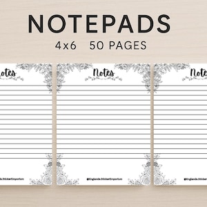 May include: Three lined notepads with floral accents. Each notepad has the word "Notes" at the top and the dimensions 4x6 inches with 50 pages. The notepads are white with black lines and floral designs.
