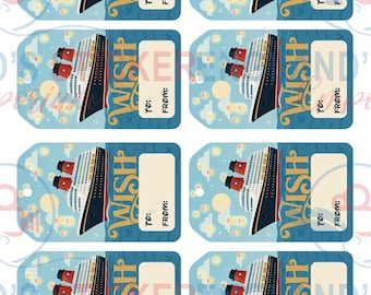 May include: Gift tags with a cruise ship design. Each tag is approximately 2.5" x 4" and features a ship illustration, the word "WISH", and spaces for "TO:" and "FROM:" details. The tags are set against a blue background with a sky and sun design.