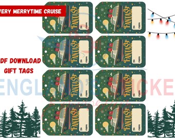 Puede incluir: Un conjunto de ocho etiquetas de regalo verdes con un diseño de crucero. Cada etiqueta presenta la palabra "FANTASY" y espacio para los detalles "Para" y "De". Las etiquetas están decoradas con copos de nieve y elementos festivos, con el texto "VERY MERRYTIME CRUISE" y "PDF DOWNLOAD GIFT TAGS".