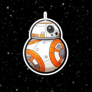 May include: A white and orange cartoon robot with a round body and a dome-shaped head. The robot has a single large eye and a small rectangular panel on its head.