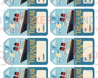 Puede incluir: Conjunto de ocho etiquetas de regalo con un diseño de crucero. Cada etiqueta presenta un fondo azul con un barco, la palabra "TREASURE" y espacio para los detalles "PARA:" y "DE:". Las etiquetas miden aproximadamente 6,35 cm x 10,16 cm.