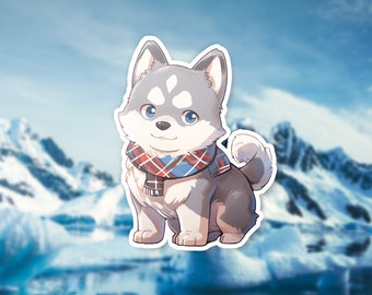 May include: A sticker featuring a cartoon husky dog with gray and white fur, blue eyes, and a red, blue, and white plaid scarf. The background shows a snowy mountain range.