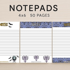 May include: Notepads with a spooky theme. The notepads are 4x6 inches and have 50 pages. The top of the notepad says "NOTES" with bats. The bottom of the notepad has a haunted house design. The notepads are lined.