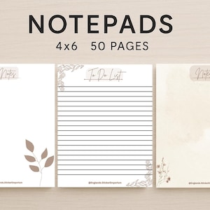 May include: Three notepads with the word "NOTEPADS" at the top. The notepads are 4x6 inches and have 50 pages. One notepad is blank, one has a "To Do List" layout, and the other has a watercolor design. Each notepad has a "Notes" label.