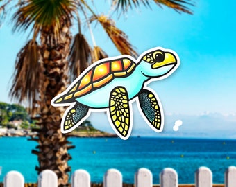 May include: A cartoon illustration of a sea turtle with a blue body, yellow and black shell, and yellow fins. The turtle is swimming in the ocean with a palm tree and a white picket fence in the background.