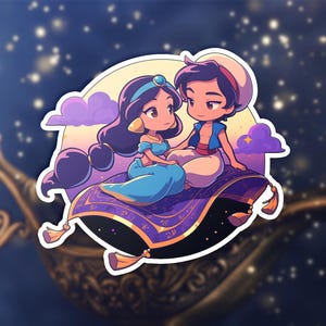 May include: A sticker featuring Aladdin and Jasmine from the Disney movie, sitting on a magic carpet. The carpet is purple with gold tassels. The background is a starry night with a golden lamp.