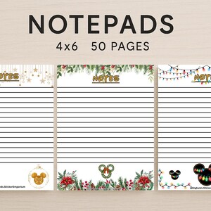 May include: Three lined notepads with Christmas-themed designs. The notepads are 4x6 inches and have 50 pages. The designs include Christmas lights, ornaments, and Mickey Mouse-themed decorations. The word "NOTES" is at the top of each notepad.