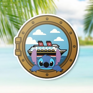 May include: A sticker featuring Stitch from Lilo & Stitch peeking through a ship porthole. The porthole is brown, with a blue sky and clouds in the background. A cruise ship is visible in the distance. The sticker is set against a tropical beach scene.