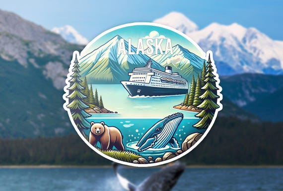 Alaska Cruise Sticker: Scenic Bear, Whale & Ship Vinyl Decal