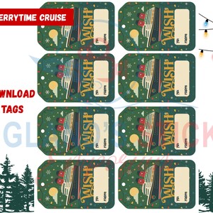 Op de afbeelding: Groene cadeaulabels met een cruiseschipontwerp, het woord "WISH" en ruimte voor "AAN" en "VAN". De labels hebben een feestelijk ontwerp met sneeuwvlokken en kerstverlichting. De tekst op de labels luidt "VERY MERRYTIME CRUISE" en "PDF DOWNLOAD GIFT TAGS".