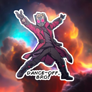 May include: A cartoon illustration of a character wearing a red jacket and a black mask with red goggles, dancing with arms outstretched. The character is against a background of a nebula with orange, pink, and blue colors. The text "DANCE-OFF, BRO!" is below the character.